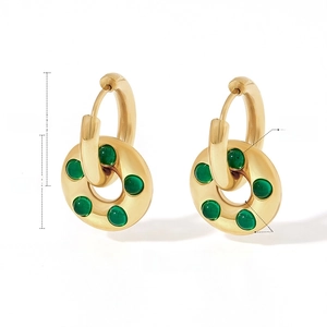 Detailed view of gold stainless steel donut earrings with green glass stone and dimensions