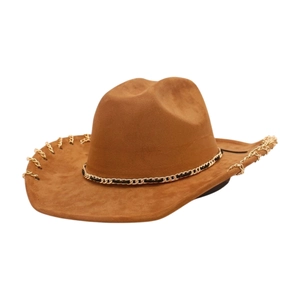 Detail of brown faux suede cowboy hat featuring vintage gold chain trim on the brim