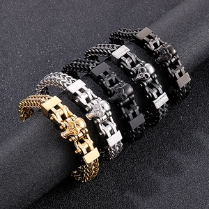 Men's hip-hop skull bracelets in gold, silver, and black stainless steel finish