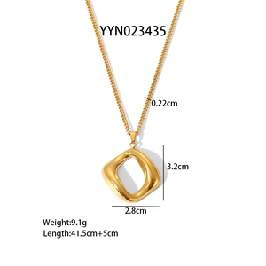 Detail view of gold stainless steel necklace with hollow square pendant and dimensions