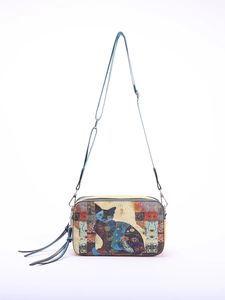 Fashionable beige crossbody camera bag with colorful cat print and blue tassel detail
