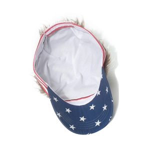 USA flag baseball cap with integrated brown wig hair and stars and stripes design