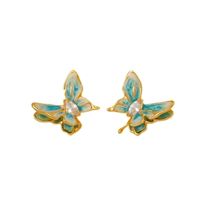 Golden butterfly stud earrings with blue-green enamel and marquise zircon on white background