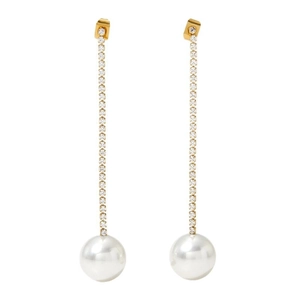 Elegant long drop earrings with gold-plated zircon crystals and large round white pearls