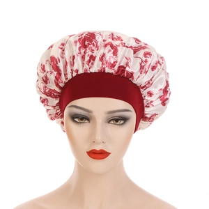 Damen Schlafhaube aus Satin mit Blumenmuster und breitem rotem elastischem Kopfband