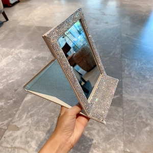 Foldable silver glitter PU leather makeup mirror with sparkling rhinestone border inlay