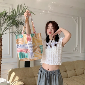 Large capacity striped canvas tote bag with colorful corduroy texture for shoulder and hand use