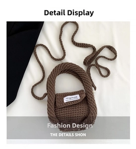 Detailed macro view of the brown crochet knit mini crossbody bag with a logo patch