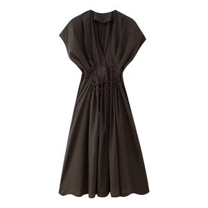 Elegant deep brown V-neck maxi dress with wide shoulders and a waist-tie design