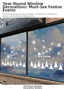 Detail of white Christmas static stickers featuring Santa sleigh and snowflake designs