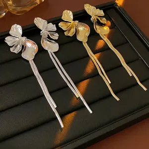 Flower Petal Long Tassel Dangle Earrings Alloy Copper With Silver Earring Post For Women Elegant Jewelry