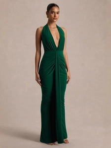 Elegant deep green halter V-neck maxi dress with stylish waist pleats and flowing silhouette