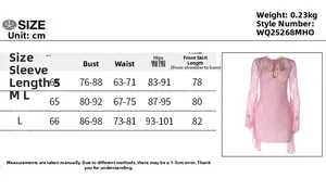 Guía de tallas detallada para vestido de encaje con medidas S, M, L en cm y especificaciones