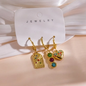 Three-piece set of 14K gold stainless steel earrings with natural stone and zircon charms