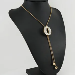 Long Sweater Lariat Necklace Stainless Steel 18K Gold Plated Rhinestone Geometric Pendant Adjustable Tassel Jewelry Women
