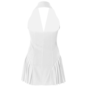 Detail of white halter neck mini dress with pleated hem and premium fabric texture