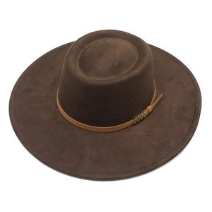 Detail of wide brim felt fedora hat featuring a brown leather band and golden arrow buckle