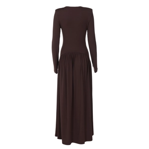 Rear view of slim fit long sleeve maxi dress in deep brown stretch knit fabric