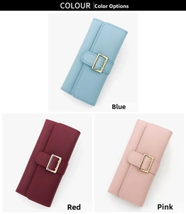 Detailed view of long PU leather wallets in blue, red, and pink with gold buckles