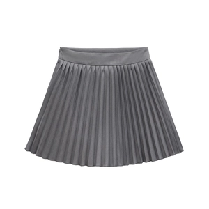 High-waisted grey pleated mini skirt featuring sharp knife pleats and structured fabric