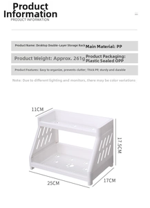 Detailed size chart of white double-tier desktop rack with cute cat paw cutouts