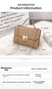 Close-up of khaki textured small square bag with gold chain strap and wave patterns