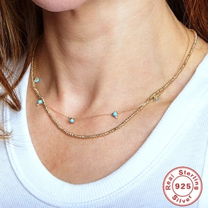 Double-layered 925 sterling silver turquoise necklace with 18k gold plating style