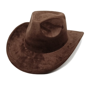 Detail view of the wide brim and stitching on this dark brown faux suede cowboy hat