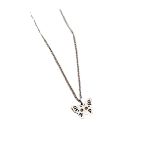 Minimalist silver hollow butterfly pendant necklace in titanium steel on white background