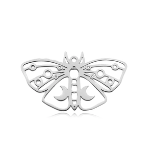 Detailed close-up of a silver stainless steel hollow butterfly pendant on white background