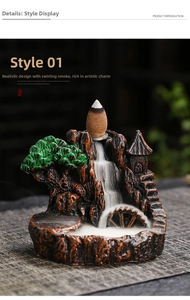 Macro shot of mountain landscape incense burner with cascading white smoke flow