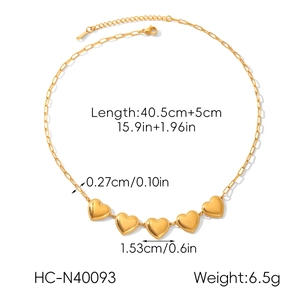 Detailed dimensions of gold paperclip chain necklace with heart pendants and bead trim