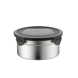 Round 316 stainless steel food container with airtight black lid and secure side clips