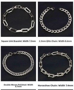 Detail view of four stainless steel chain styles including U-link and Cuban link chains