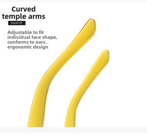Close-up of ergonomic yellow rimless star sunglasses temple with a curved adjustable fit