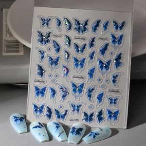 5D Relief Nail Art Stickers Holographic Blue Butterfly Design Self Adhesive Rhinestone Decoration Waterproof Elegant