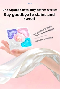 Detailed view of 5-in-1 multi-effect laundry detergent pods with five heart-shaped chambers