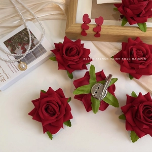 Retro French red velvet rose hairpin and brooch with crocodile clip and pin back