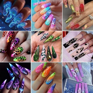 Coffin Almond Stiletto Press On Nails Gradient 3D Butterfly Heart Patterns Full Cover Artificial False Nails Manicure