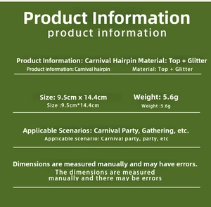 Carnival hairpin specifications showing glitter material, 5.6g weight and 9.5x14.4cm dimensions