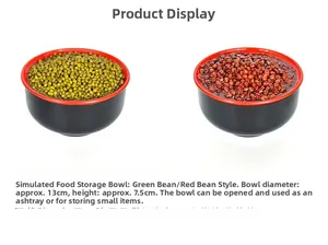 Detailed view of realistic food-shaped storage bowls with lids in red and green bean designs