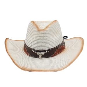 Chapeau De Cowboy En Paille Avec Tête De Taureau En Métal Bande Similicuir Pliable Corde Coupe Vent Large Bord Vintage Bohème Plage