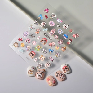 3D-geprägte Panda- und Cartoon-Nagelaufkleber mit bunten floralen Maniküre-Designs