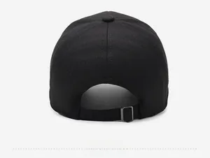 Rear view of black baseball cap showing textured fabric and adjustable metal buckle