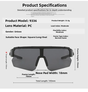 Detailed technical diagram showing 9336 sports sunglasses dimensions and PC lens specs