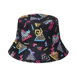 Vintage geometric print bucket hat featuring retro leopard and zebra patterns in black cotton