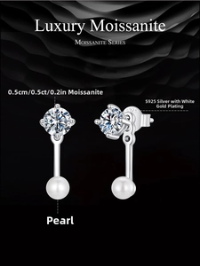 Macro shot of 0.5ct moissanite and S925 sterling silver stud earring with white shell pearl