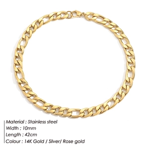 Detailed view of 10mm 14K gold plated stainless steel Figaro link necklace chain