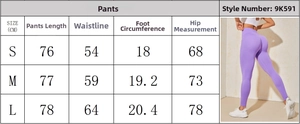 Size chart for seamless yoga leggings showing length, waist, and hip measurements in cm