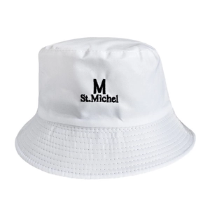 Close-up of white cotton bucket hat featuring black St.Michel embroidery detail